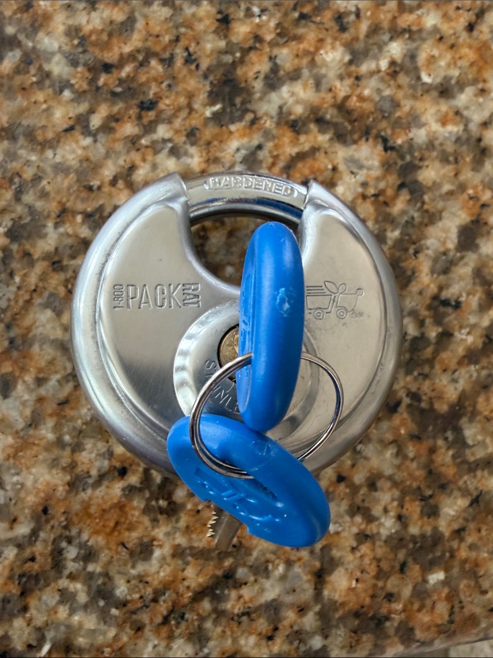 Pack Rat Stainless Steel Discus Padlock with Blue Key Caps
